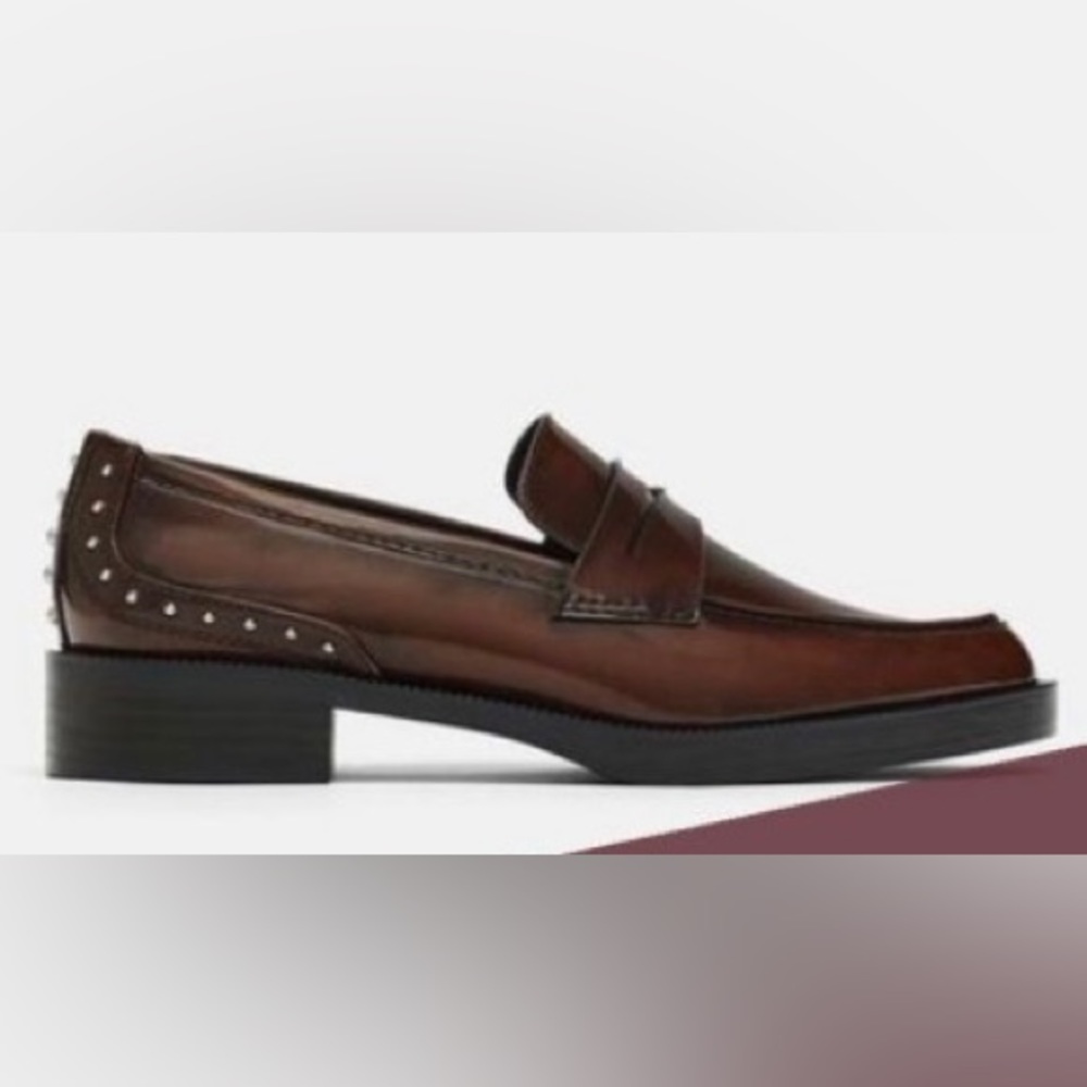 Gently worn: Zara Studded loafers in Brandy Brown. Size 39.